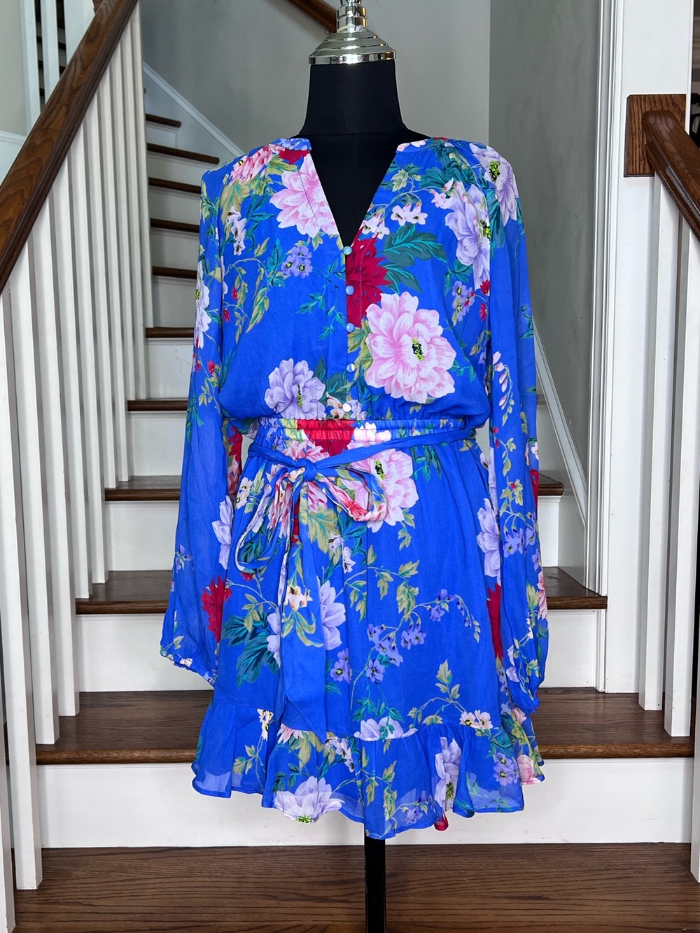 Yumi Kim Blue Floral Long Sleeve Ruffle Hem Mini Dress Size 2 - Picture 2 of 8